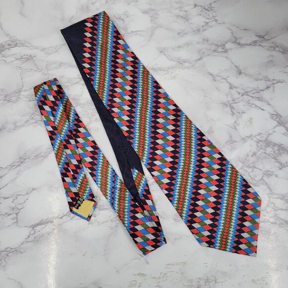 Vintage Retro Geometric Silk Multicolor Dismond Pattern Men's Tie Necktie - Picture 3 of 8